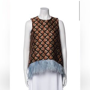 LA DoubleJ Black and Gold Floral Top with Blue Feather Hem